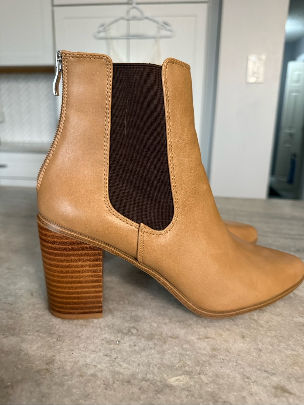 Camel Leather Chelsea Ankle Boots with Stacked Heel